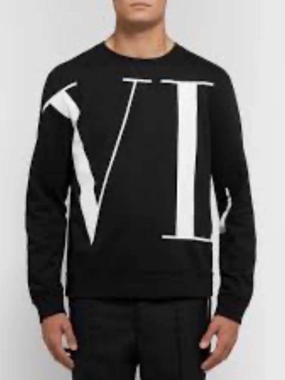 Valentino Mens Sz M Cashmere Logo Knit Sweater Black White Crew Neck Long Sleeve